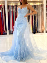 Sky Blue Long Mermaid Spaghetti Straps Tulle Lace Formal Prom Dresses
