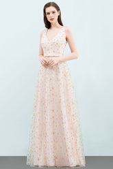 Ärmelloses langes A-Linien-Ballkleid mit V-Ausschnitt und Applikationen aus Tüll