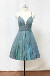 Spaghetti Straps Silver Green Glitter Short Homecoming Dress with Pockets PD428