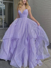 Sparkly A-line V Neck Long Prom Dresses Fluffy Purple Formal Evening Dresses
