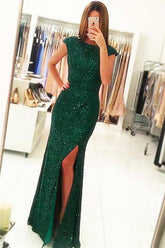 Sparkly Long Mermaid Bateau Sequins Open Back Prom Dress With Slit