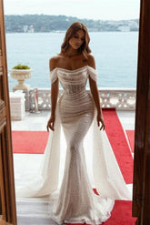 Sparkly Off-the-Shoulder Sequins Mermaid Bridal Dress with Detachable Sweep Train