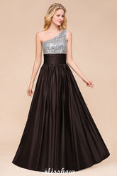 Glitzerndes Pailletten-Brautjungfernkleid mit einer Schulter, Maxi-Abendkleid, Hochzeitspartykleid