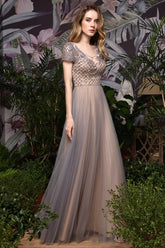 Auffälliges A-Linie Langes Abendkleid Quincenera Swing Kleid Kurze Ärmel