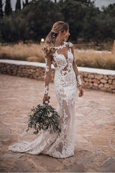 Stunning Lace Appliques See Though Mermaid Rustic Wedding with Sleeves WD447