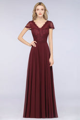 Elegante vestido de dama de honor con escote en V, mangas cortas y largo hasta el suelo