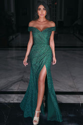 Stylish Green Long Off-the-shoulder Mermaid Prom Dress With Slit