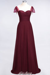 Sweetheart Cap-Sleeves Ruffle Floor-Length Bridesmaid Dress with Beadings Moher if the Bride Dresses