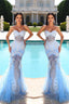 Sweetheart Long Mermaid Lace Sleeveless Prom Dress With Train