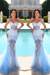 Sweetheart Long Mermaid Lace Sleeveless Prom Dress With Train