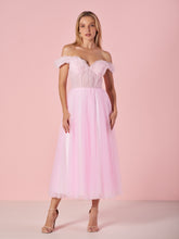 Sweetheart Neck Off the Shoulder Tea Length Tulle Prom Dress