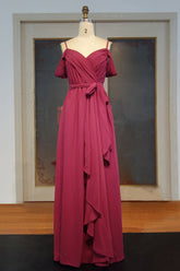 Sweetheart Spaghetti A-line Floor Length Ruffled Chiffon Prom Dresses with Bow Sash