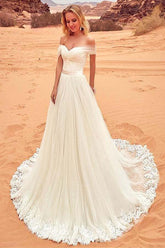 Tulle Off-the-shoulder Neckline Wedding Dress With Lace Appliques WD201