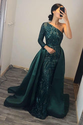 Unique Mermaid One Shoulder Sequins Long Prom Dress with Sleeves