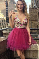 V Neck Embroidery Backless Homecoming Dresses Short Prom Dress PD361