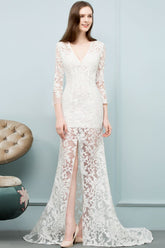 Bodenlange Meerjungfrau-Ballkleider aus Spitze mit V-Ausschnitt und Ärmeln