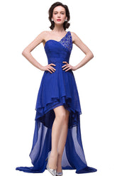 V-Ausschnitt Hi-Lo A-Linie One-Shoulder Rüschen Blau Chiffon Ballkleider