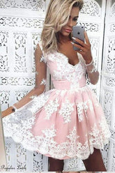V-Neck Long Sleeves Short Pink Tulle Homecoming Dress with Appliques PG160