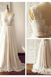 V-neck Sleeveless Open Back Wedding Dress with Lace Sash PG200