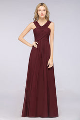V-Neck Straps Sleeveless Floor-Length Bridesmaid Dress with Ruffles