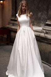 Vintage A-line Princess Ivory Satin Long Wedding Dresses with Pockets WD328