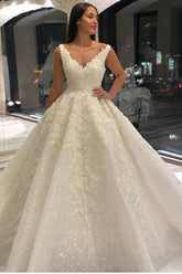 Vintage Long A-Line V-neck Appliques Lace Sequins Wedding Dress