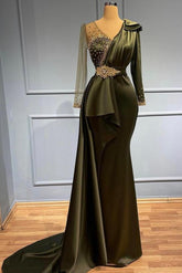 Vintage Long Mermaid V-neck Beading Satin Prom Dress with Sleeves