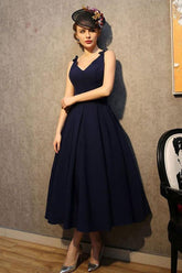 Vintage V Neck Navy Blue Satin Homecoming Dresses Party Dresses PG183