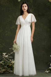 Vintage white V-Neck Short-Sleeves A-Line Floor-Length Tulle Prom Dresses