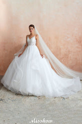 White Ball Gown Wedding Dress with Chapel Train, Spaghetti Strap See-through Lace up Bridal Gowns for Sale