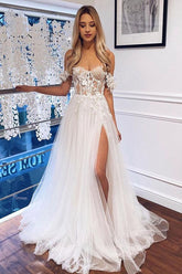 White Boho Long A Line Lace Off The Shoulder Wedding Dress with Slit