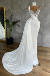 White Sleeveless Satin Beading Ruffles Mermaid Prom Dresses