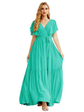 Women's Open Back Formal Evening Party Prom Gowns V-Neck Long Chiffon Bridesmaid Dresses with Waist Belt SEA28038