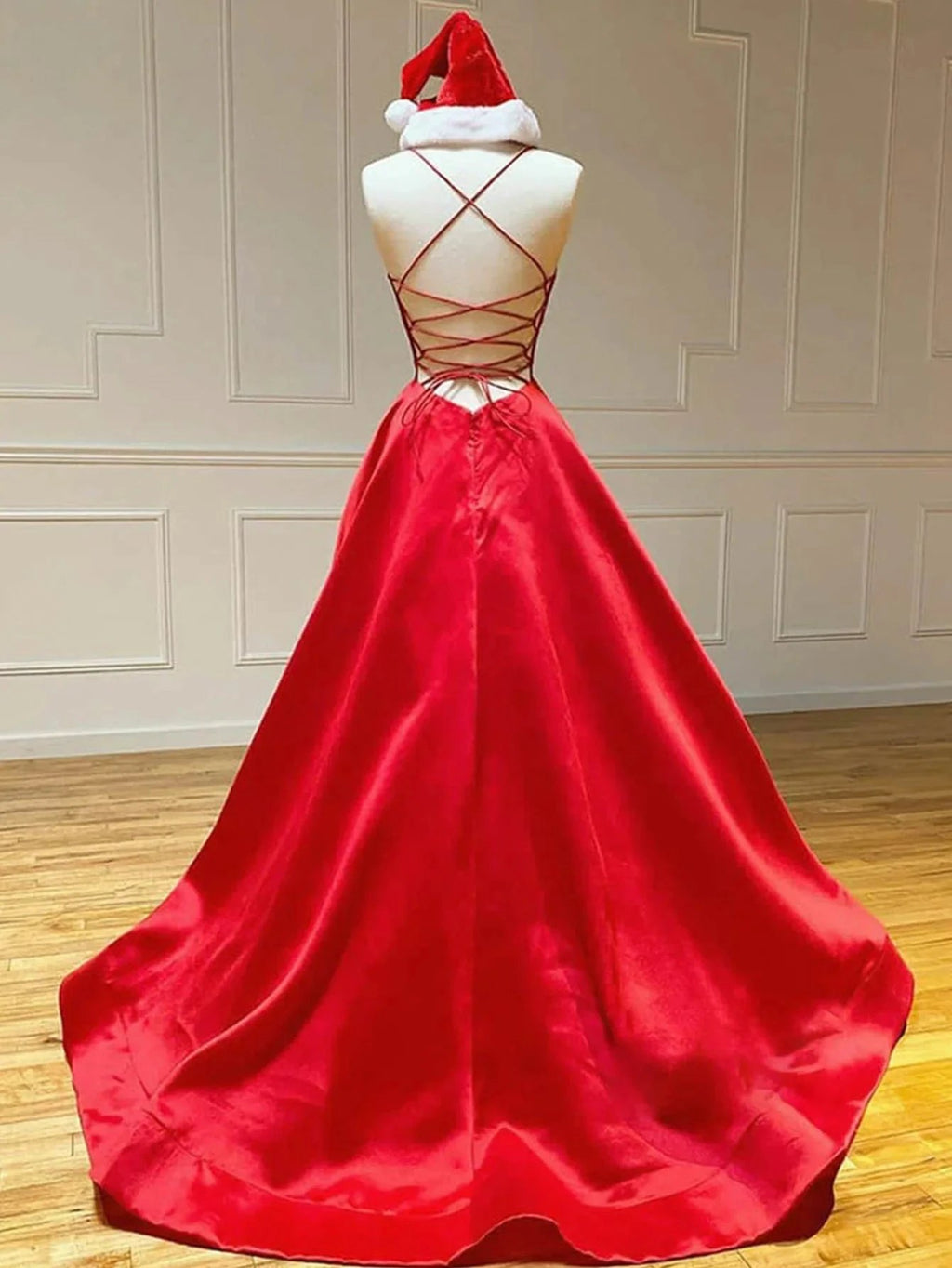 Royal Blue Satin A Line V Neck Long Prom Dress by KissProm