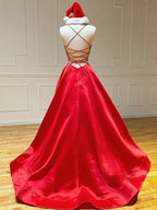 Royal Blue Satin A Line V Neck Long Prom Dress by KissProm