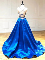 Royal Blue Satin A Line V Neck Long Prom Dress by KissProm