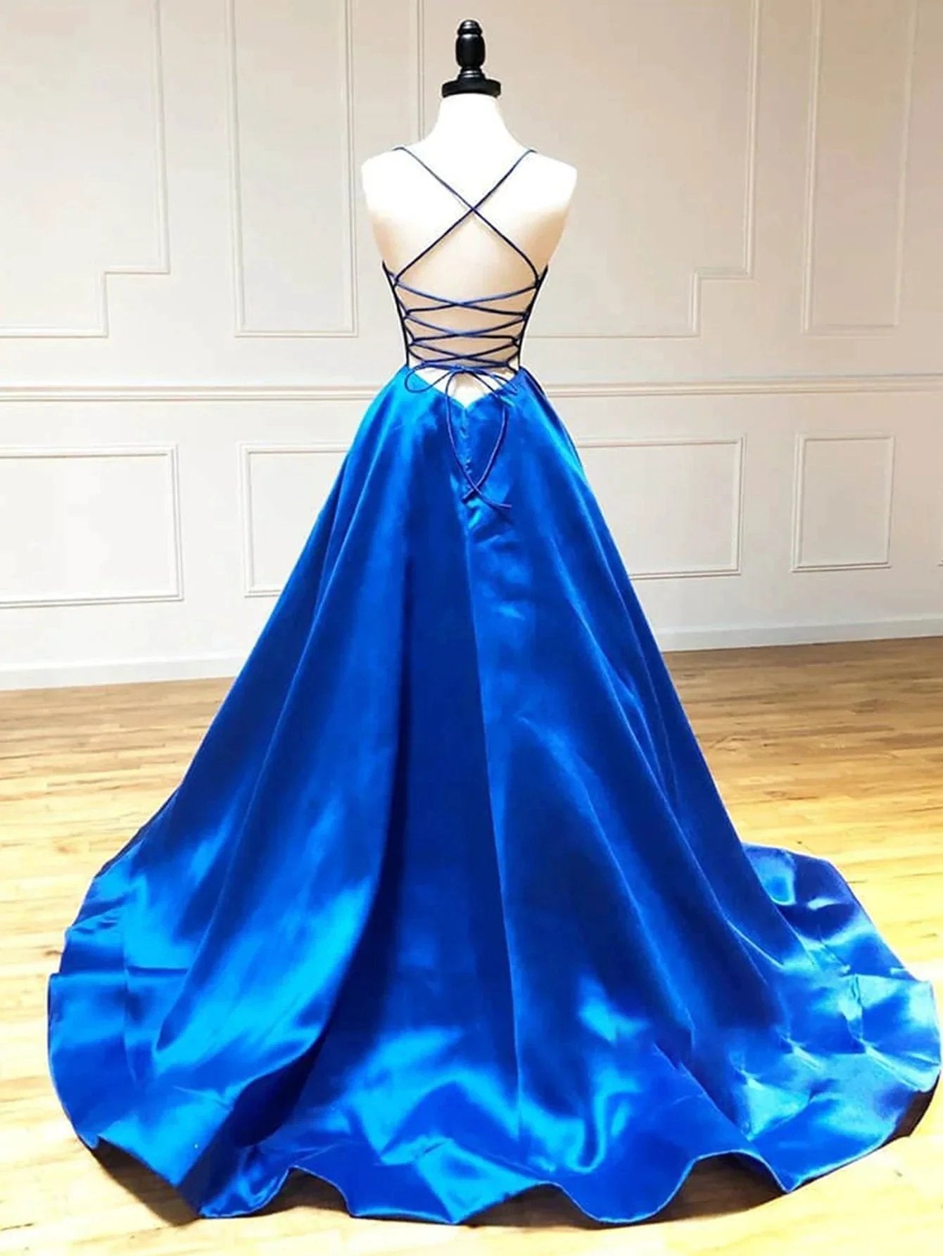 Royal Blue Satin A Line V Neck Long Prom Dress by KissProm