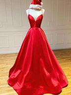 Royal Blue Satin A Line V Neck Long Prom Dress by KissProm