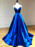 Royal Blue Satin A Line V Neck Long Prom Dress by KissProm