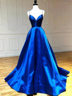 Royal Blue Satin A Line V Neck Long Prom Dress by KissProm