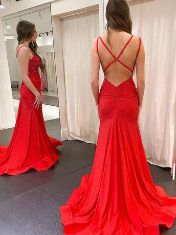 Marlee | Vestido de fiesta de jersey con cuentas y escote en V estilo sirena
