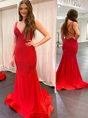 Marlee | Vestido de fiesta de jersey con cuentas y escote en V estilo sirena