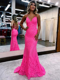 V Neck Pink Glitter Backless Mermaid Bodycon Long Prom Dress by KissProm