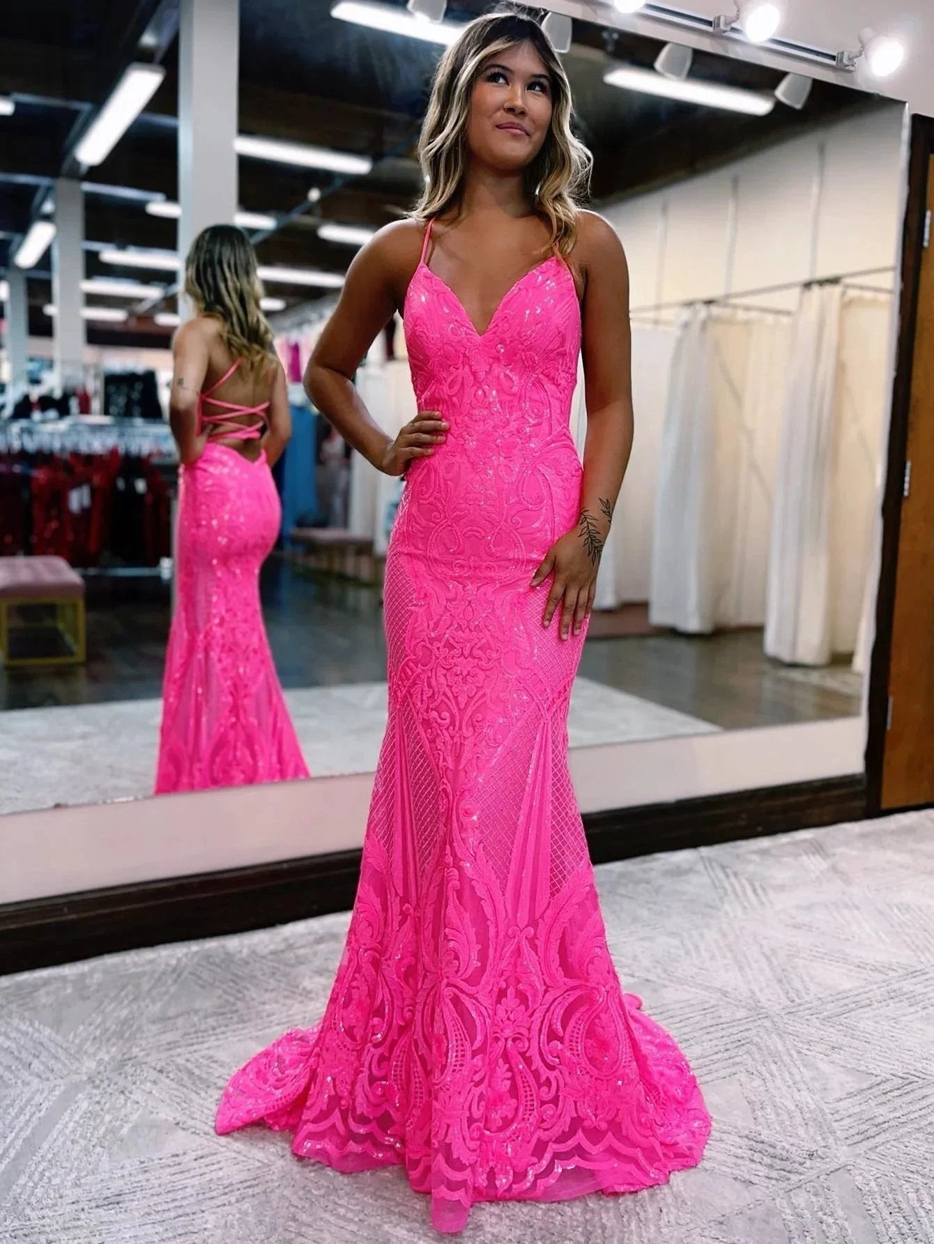 V Neck Pink Glitter Backless Mermaid Bodycon Long Prom Dress by KissProm
