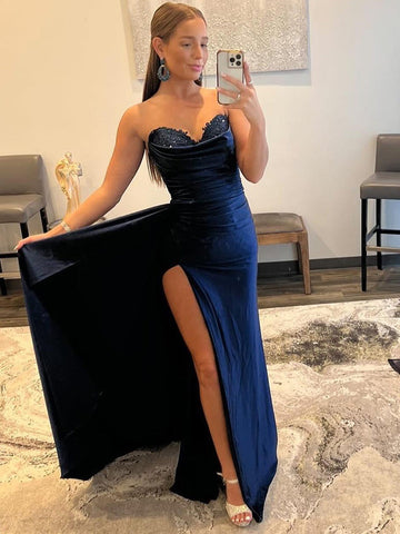 Vida | Vestido de fiesta de satén sin tirantes estilo sirena con abertura