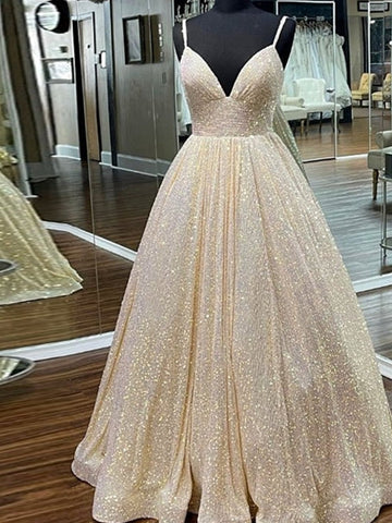 Hayden | Vestido de fiesta largo con lentejuelas, escote en V y corte A