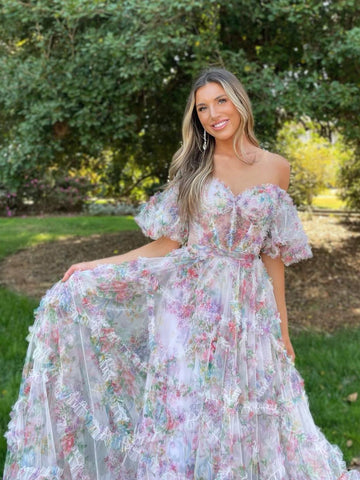 Sydney | Langes Ballkleid aus bedrucktem Tüll in A-Linie mit Herzausschnitt