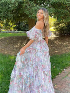 Sydney |A Line Sweetheart Printed Tulle Long Prom Dress by KissProm