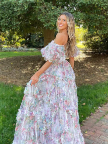 Sydney | Langes Ballkleid aus bedrucktem Tüll in A-Linie mit Herzausschnitt