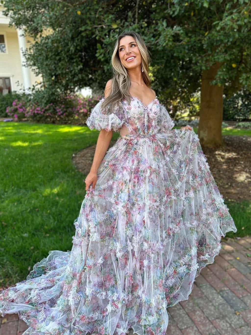 Sydney |A Line Sweetheart Printed Tulle Long Prom Dress by KissProm